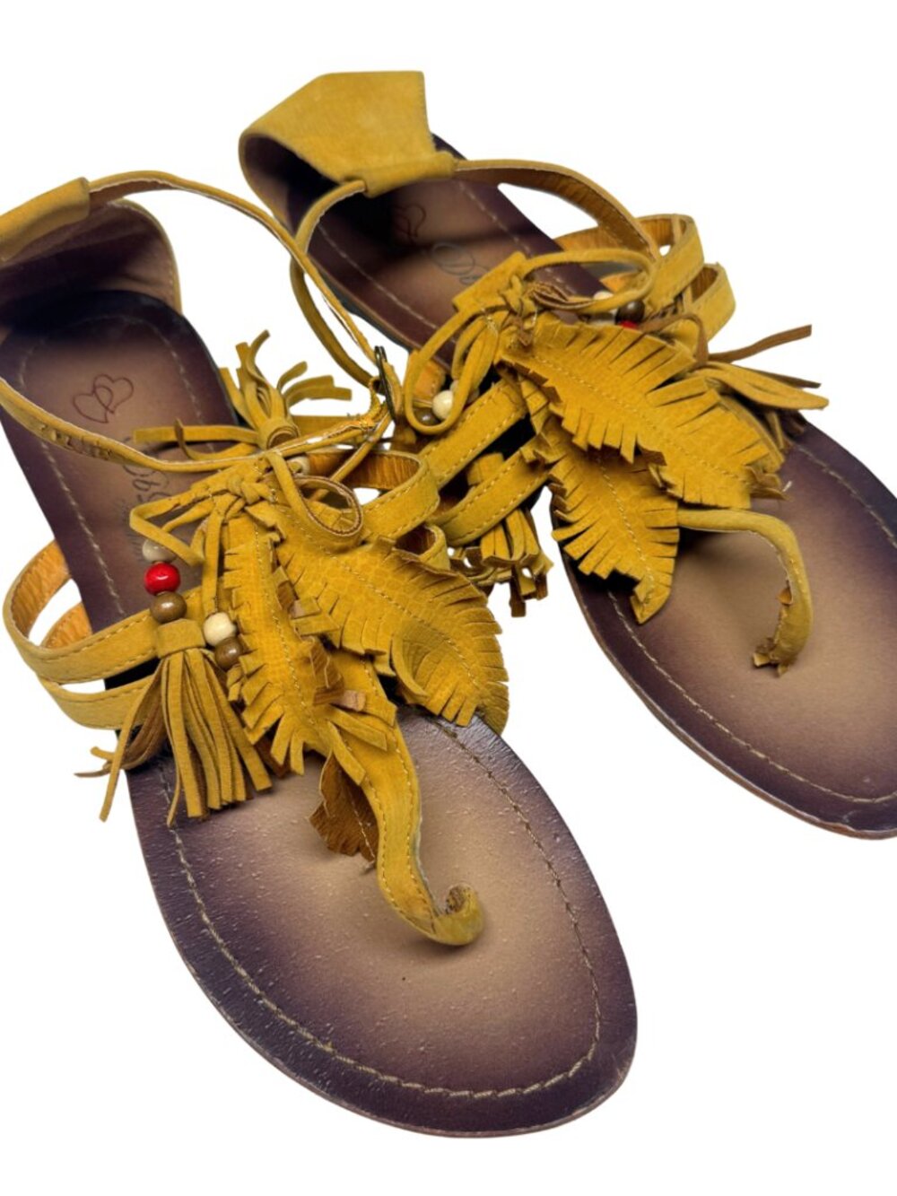 Boho Fringe Beaded Thong Sandals Mustard Faux Suede Leather Insole Size 9